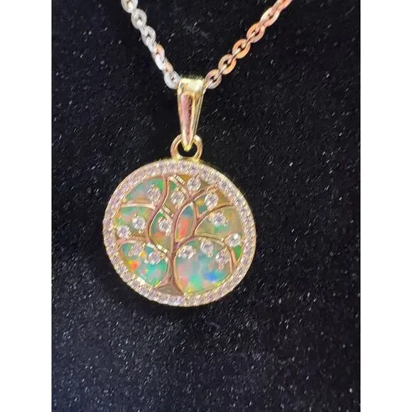 Moissanite Opal Tree of Life Necklace- 14k Vermeil over 925 - Picture 10 of 10
